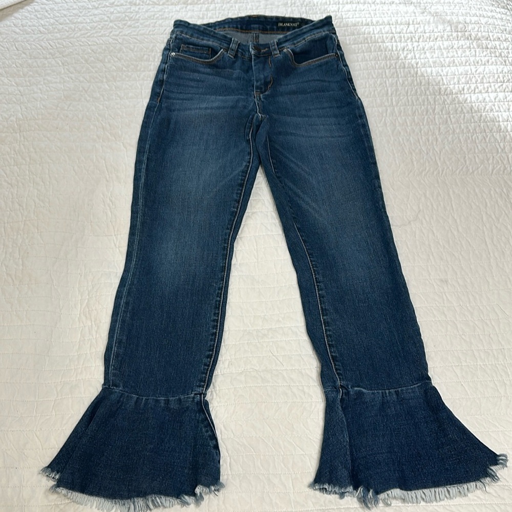 Blank NYC Denim Fancy That Flare Ruffle Cropped Jeans Sz 30 Blue Pockets Stretch